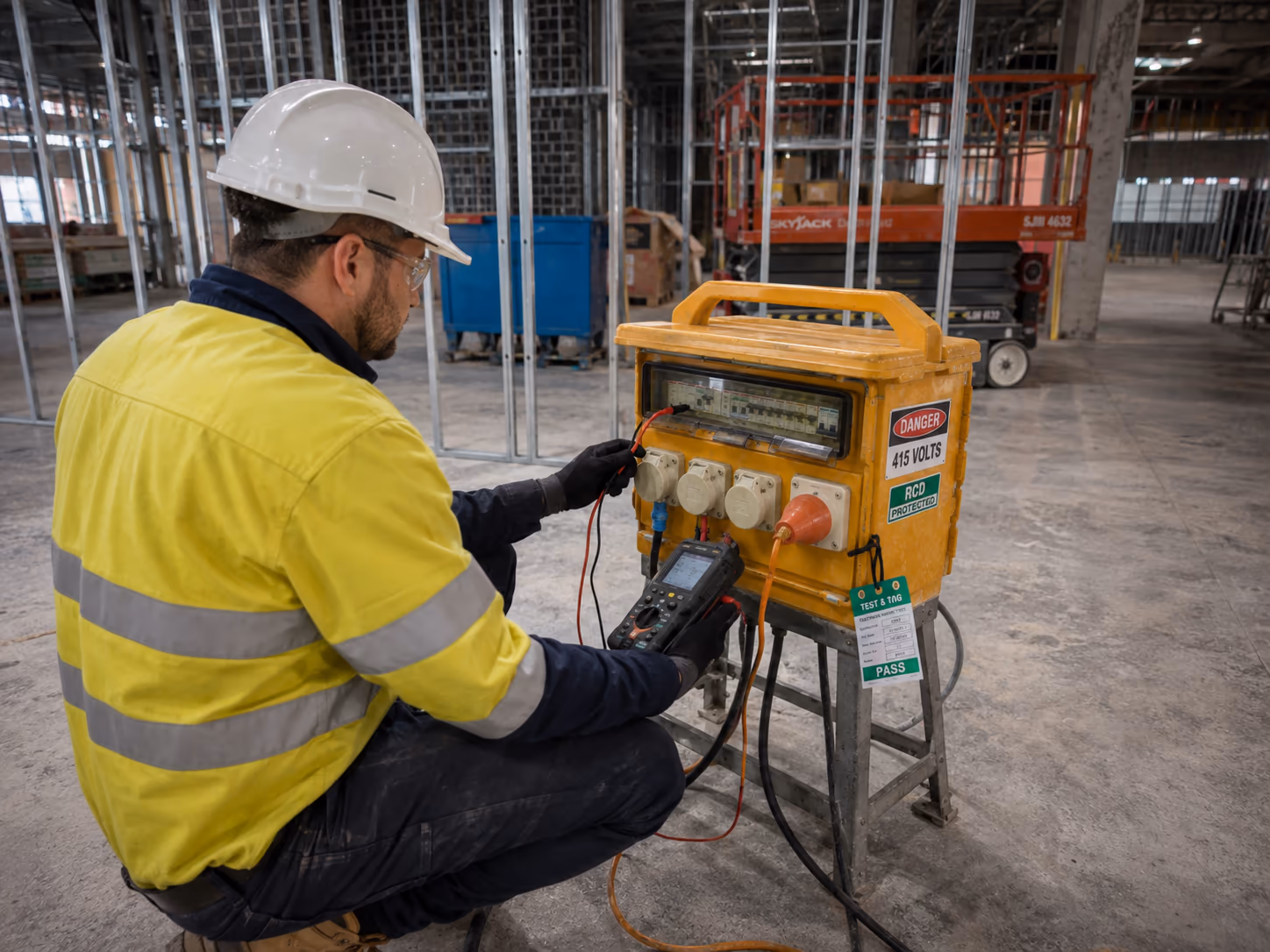 Electrician testing a site electrical distribution box with a multimeter