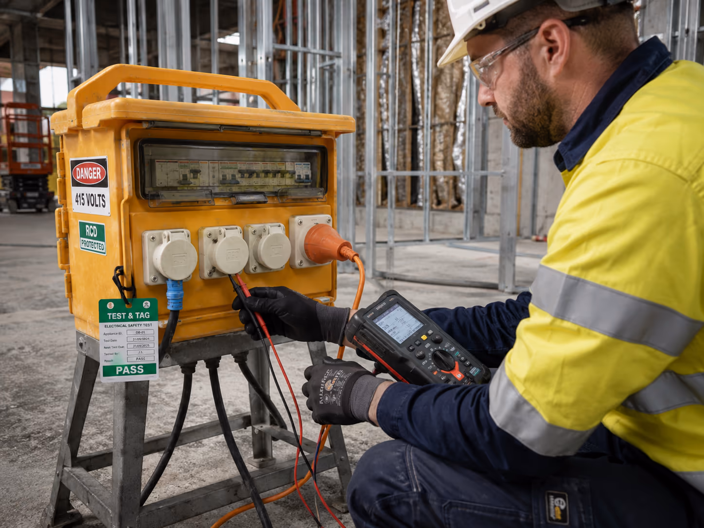 Licensed electrician testing a site electrical distribution box with a multimeter