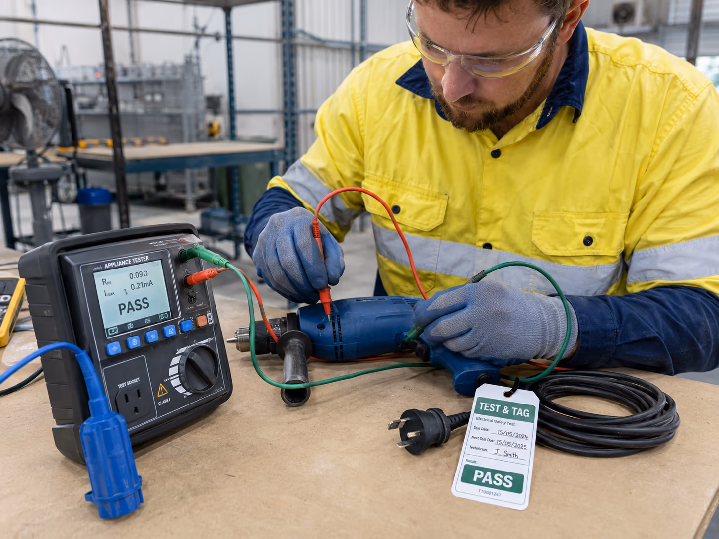 Electrician testing portable equipment with an appliance tester on a workbench