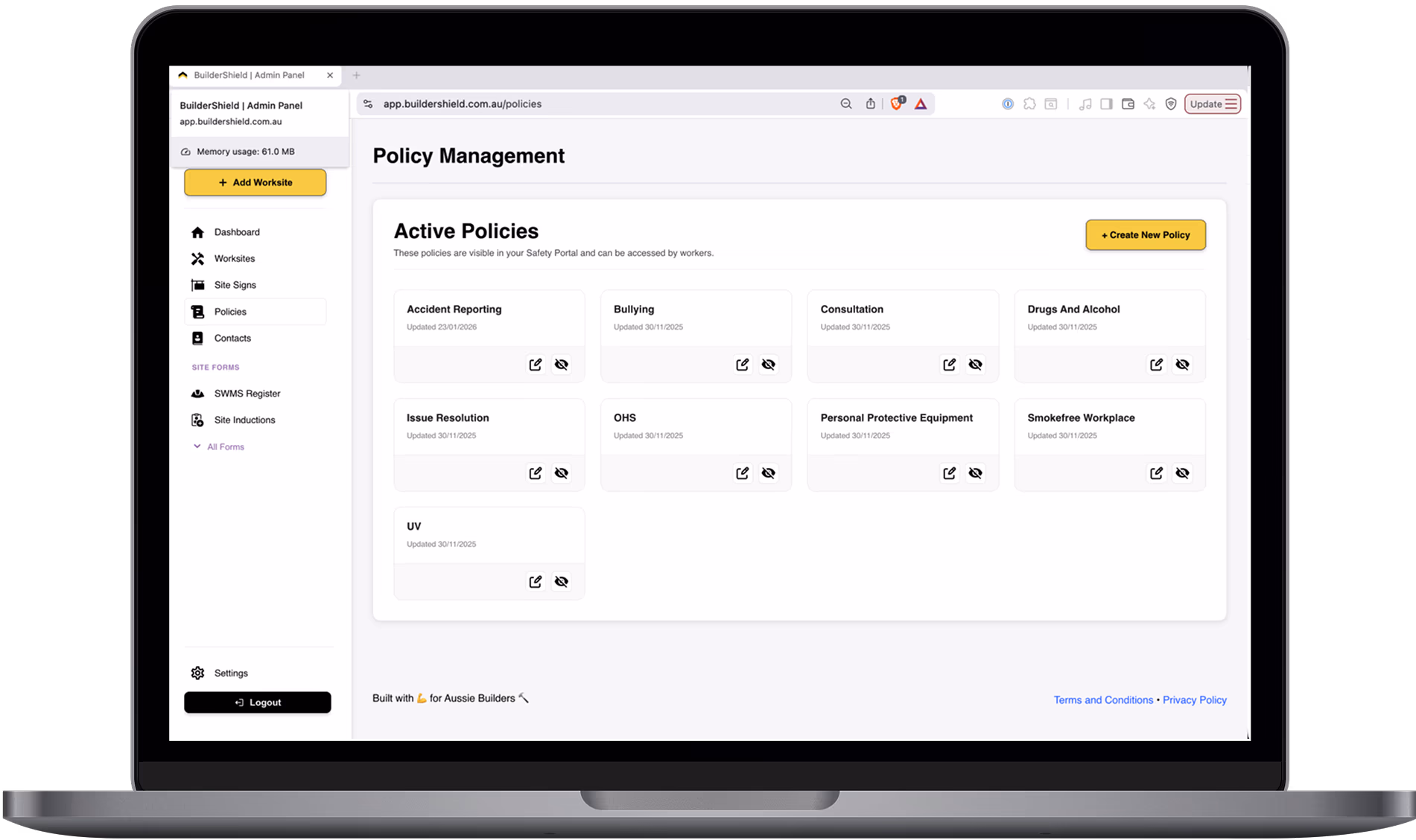 BuilderShield policy management dashboard