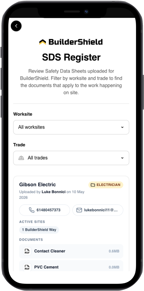 Phone showing BuilderShield SDS register filtered by worksite and trade