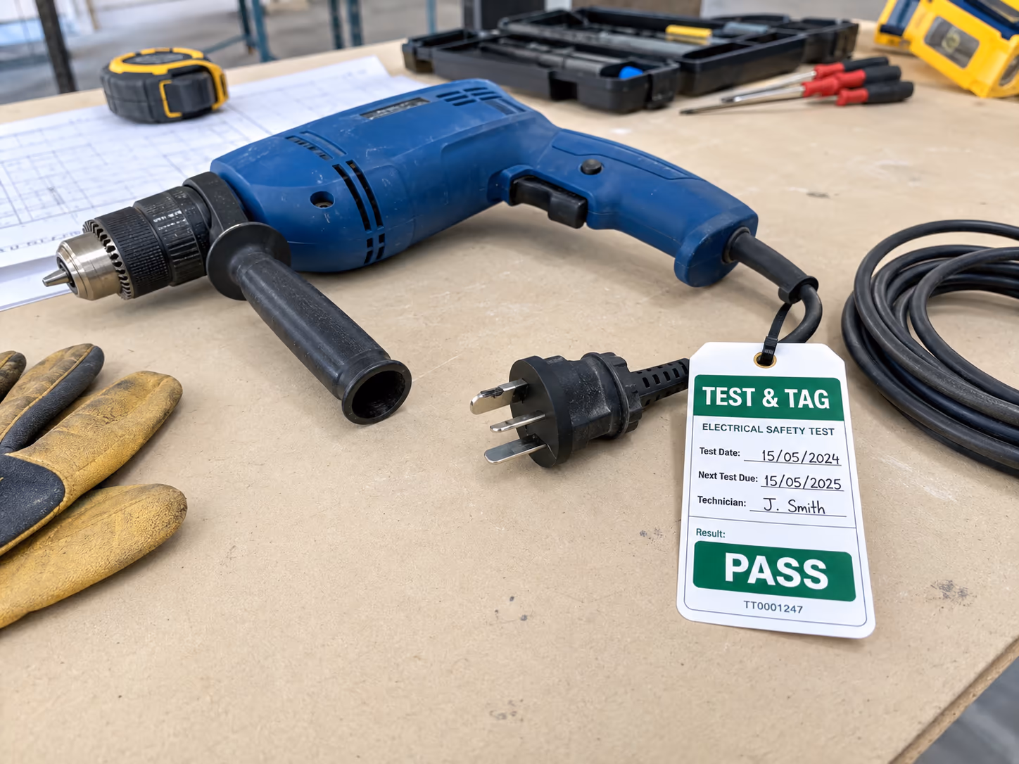Power drill with a green test and tag label on a workbench