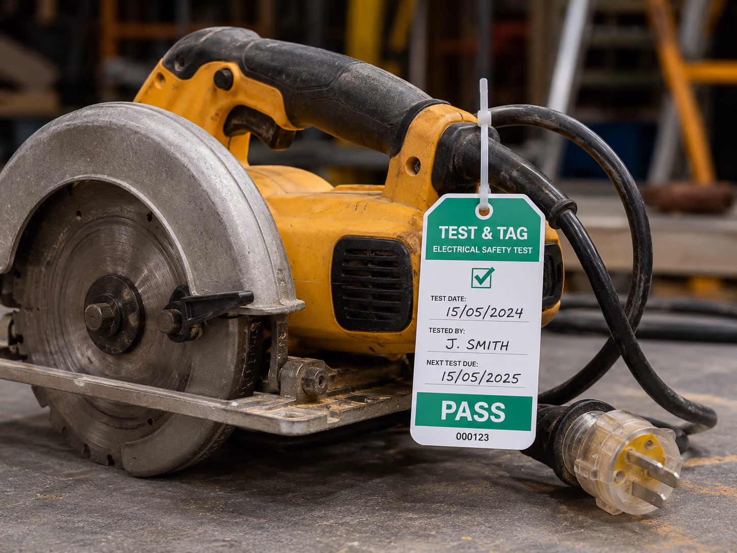 Circular saw with a green test and tag label attached to the power cord